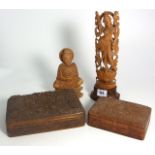 2 Carved Oriental Sandalwood Boxes and 2 Carved Sandalwood Figures. £40/60