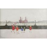 *Janet Ledger (b.1934) CHILDREN WAVING FLAGS  Signed l.l., oil on board  15 x 22.5cm *Artist's