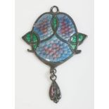 A sterling silver Arts and Crafts pendant, by James Fenton, of oval form, with guilloch‚ enamel