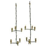 A pair of tall French Art Deco and brass-mounted palm tree hanging lights,  painted green, each with