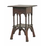 A walnut lamp table, the beadwork edge over a single drawer, arcaded gallery on splayed legs, with