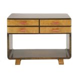 An Art Deco walnut and birch(?) veneered side table, with four drawers, mounted with chrome and