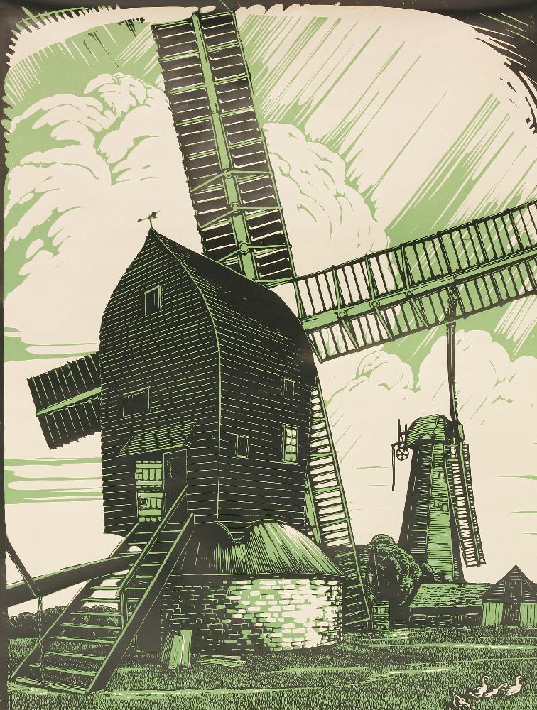 *Walter Spradbery (1889-1969) 'THE TWO MILLS, OUTWOOD, SURREY' Linocut, printed in black and green