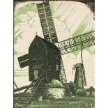 *Walter Spradbery (1889-1969) 'THE TWO MILLS, OUTWOOD, SURREY' Linocut, printed in black and green