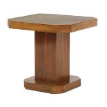 An Art Deco walnut table, with canted corners, crossbanded and with a quarter veneered top, on a