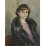 Russian School, 20th century PORTRAIT OF A LADY IN A BLUE FUR COAT  Indistinctly signed and dated
