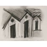 *Brian Blow (1931-2009) STUDIES OF BUILDINGS Two, charcoal  both 23 x 30.5cm; and another ROOFTOPS,