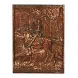 An Arts and Crafts copper plaque,  c.1900, depicting a knight on horseback within an inscription