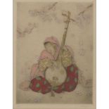 *Elyse Ashe Lord (1900-1971) A MUSICIAN Hand coloured etching, signed and numbered 1/75 in pencil