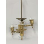 An Art Deco brass three-branch hanging light,  with tapered rings with rippled etched(?) glass