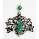 A silver Arts and Crafts chrysoprase pendant, possibly by Amy Sandheim, a central cabochon