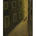 ...Bete (20th century) A FIGURE WALKING DOWN A STREET AT NIGHT Signed and dated 59 l.r., inscribed