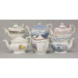Seven early 19th century English teapots, to include hand painted and transfer printed examples by