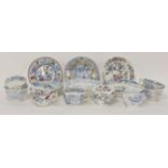 Ten assorted blue and white transfer printed tea cups and saucers, late 18th/early 19th century,