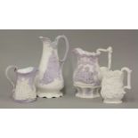 A Salwal Alcock & Co lavender sprig saltglaze jug, 'Naomi and her daughters-in-law', a lavender