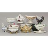 Nine assorted early 19th century hand painted sauce tureens and covers, to include Chamberlains,