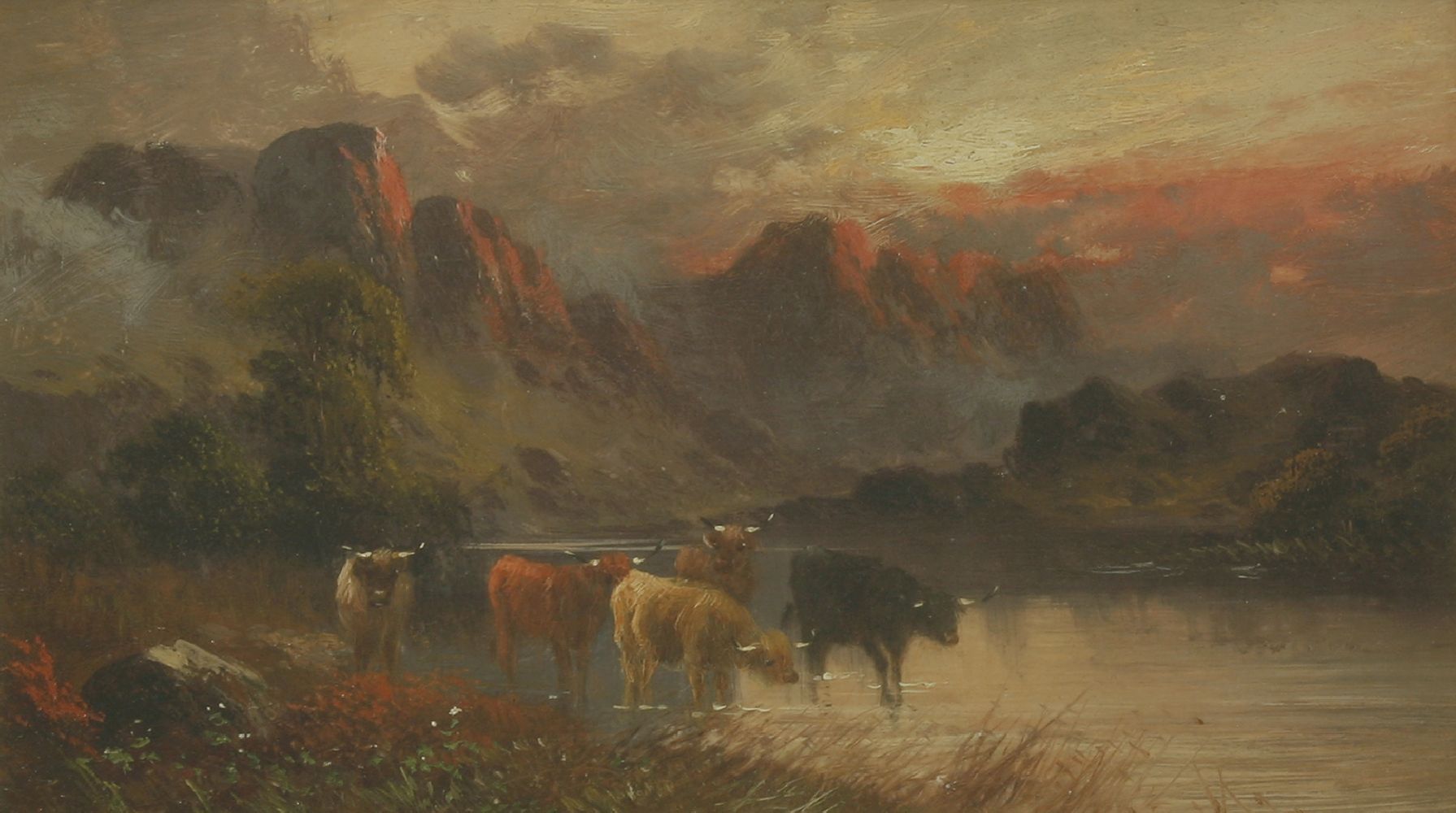 Charles W Oswald	(19th century)HIGHLAND CATTLEA pair, one signed, oil on board14 x 23cm (2)