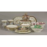 Assorted late 18th/early 19th century English porcelain, to include plates, stands, Imari caddy,
