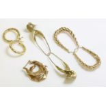 A pair of gold hoop earrings, marked 750, a pair of 9ct gold elongated drop earrings, and two