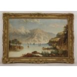 J Bambidge (?)A CONTINENTAL MOUNTAIN LAKE SCENE WITH BOAT AND FIGURESigned and dated l.r., oil on