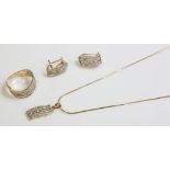 A Continental diamond set ring, pendant and earring suite, with waved bars, end set with brilliant