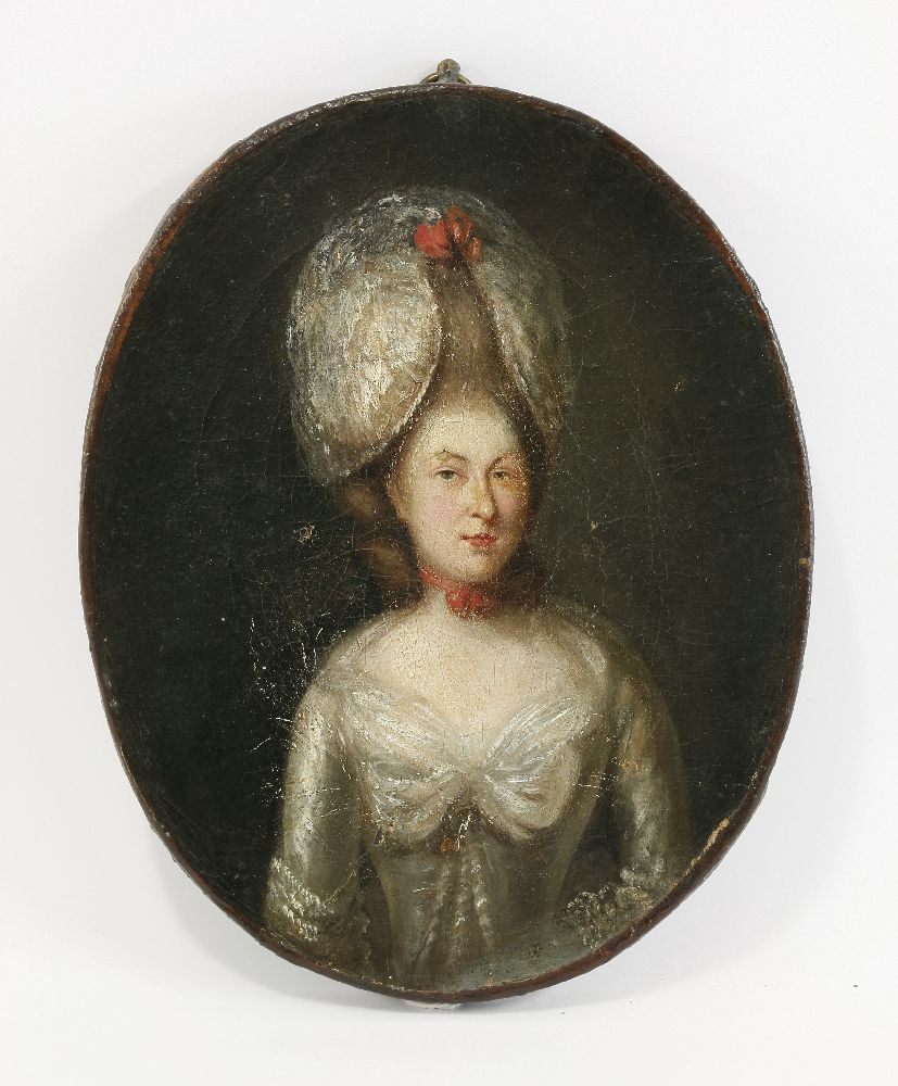 18th century SchoolPORTRAIT OF A LADY IN A WHITE DRESS AND ELABORATE HEADDRESSOil on canvas,