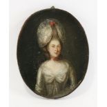 18th century SchoolPORTRAIT OF A LADY IN A WHITE DRESS AND ELABORATE HEADDRESSOil on canvas,