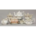 Early 19th century teawares, comprising a four piece porcelain teaset, a teapot and stand, a bat