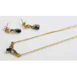 A 9ct gold sapphire and diamond 'V' shaped necklace, and matching pair of earrings (3)