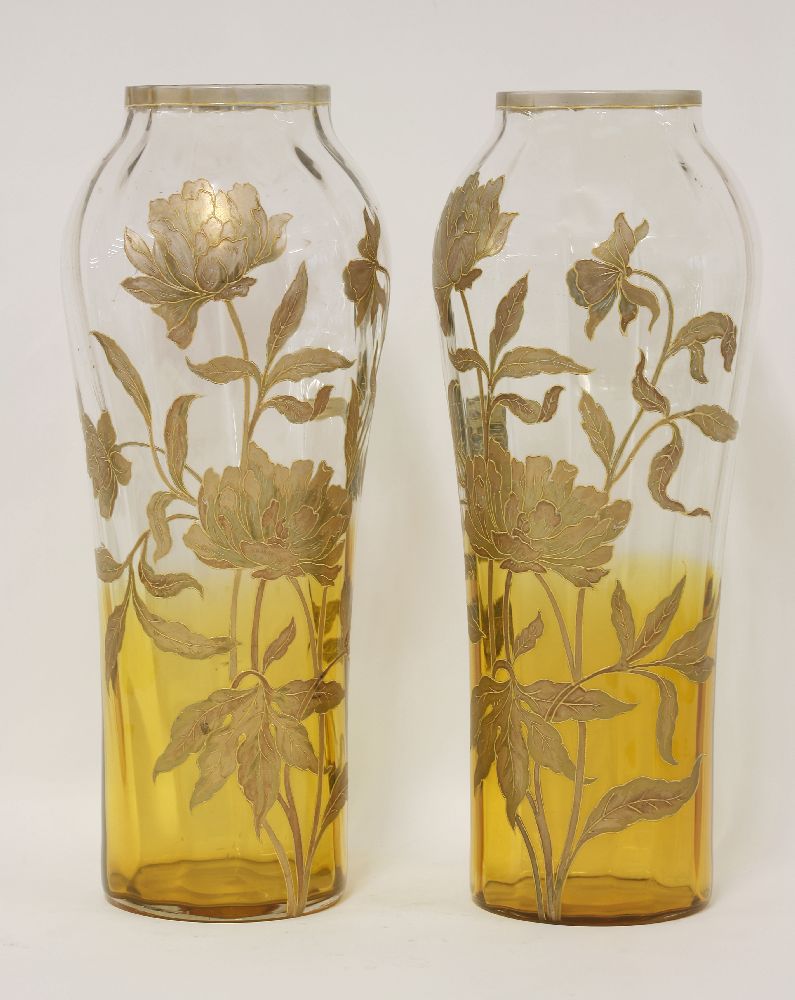 A pair of Loetz style overlaid glass vases, of slight faceted form, 39.5cm (2)