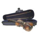 A French violin, circa 1875, with French fittings and two bows in a case, bears paper 'Stradivarius'