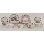 A set of five early 19th century printed chinoiserie and Sunderland lustre tea cups and saucers, a