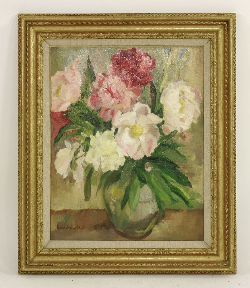 Marie Reine Eliot (French 20th century)A STILL LIFE OF A VASE OF PEONIESSigned l.l., oil on canvas