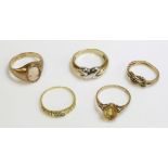 Four 9ct gold rings, and a gold diamond set ring (5)
