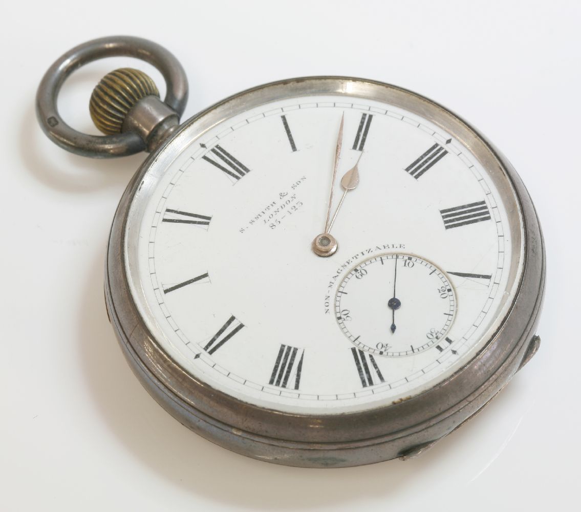 A sterling silver open faced pocket watch, S Smith & Son London, 5.4cm diameter, white enamel