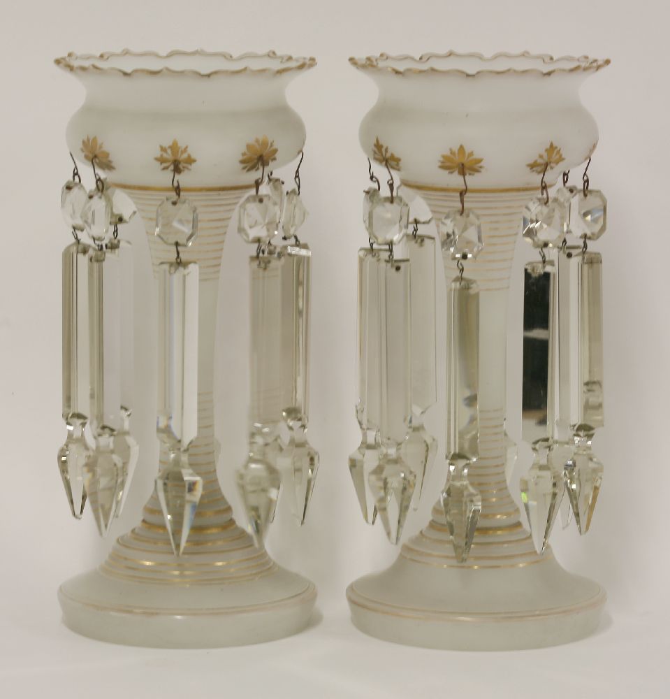 A pair of Victorian frosted glass and gilt table lustres, with cut glass drops (2)