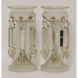 A pair of Victorian frosted glass and gilt table lustres, with cut glass drops (2)
