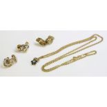 A 9ct gold diamond and sapphire cluster pendant and chain, and three pairs of gold earrings (7)