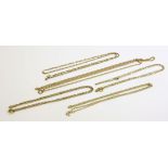 A 9ct gold filed curb chain, a 9ct gold twisted 'S' link chain, a 9ct gold filed trace chain, and