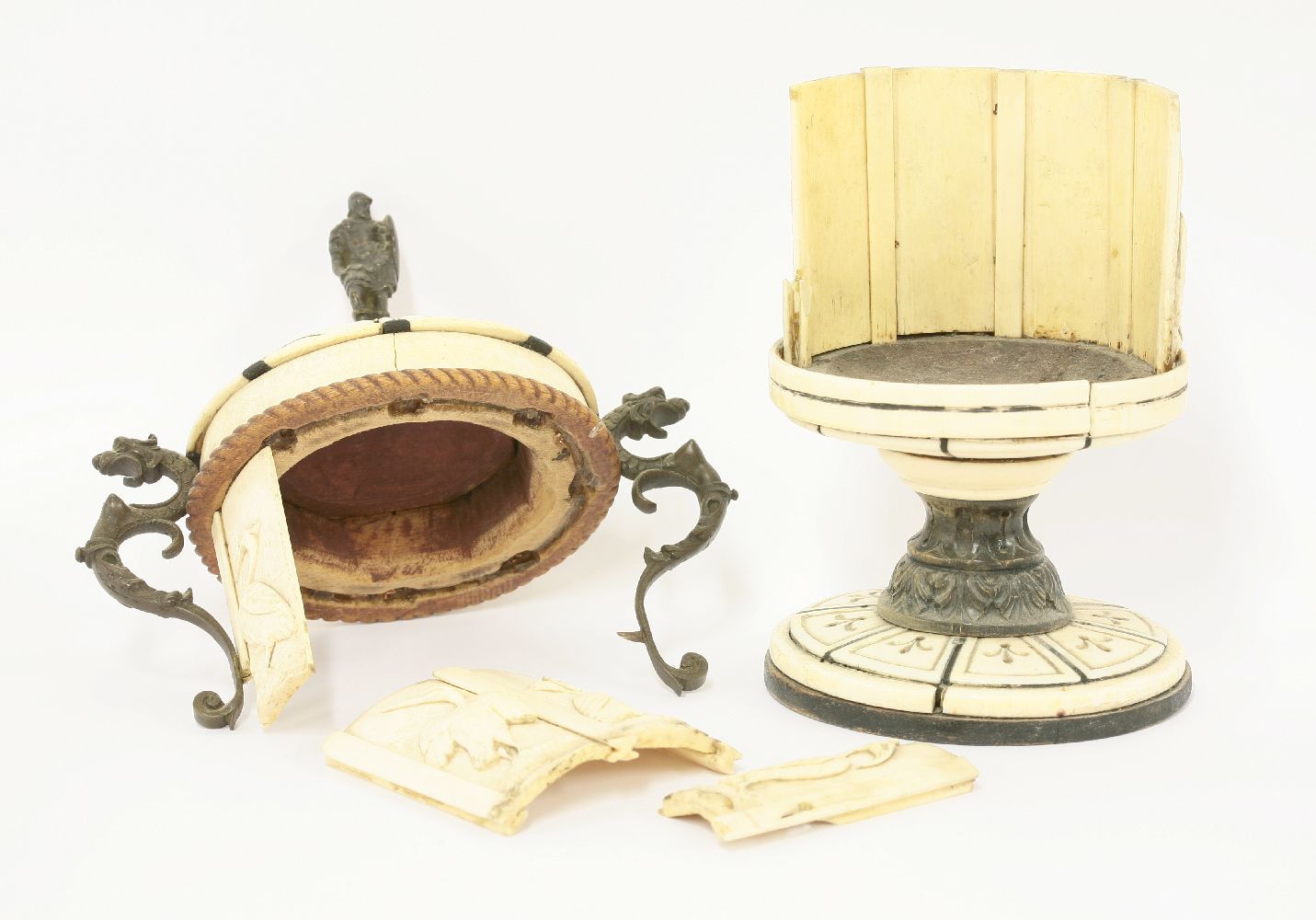 An Italian ivory and horn cup and cover,    with bronze mounts and seven panels of storks, damaged, - Image 3 of 3