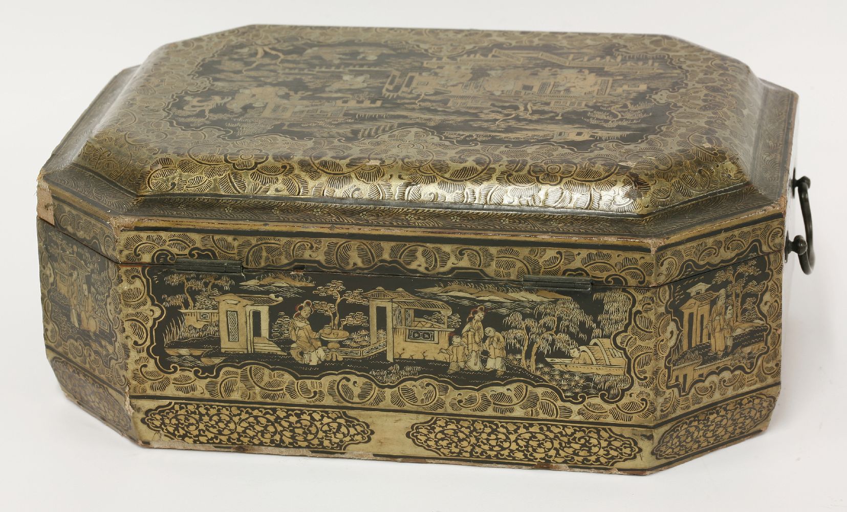 A Chinese export black lacquered workbox,early 19th century, with typical gilt decoration, the - Image 2 of 4