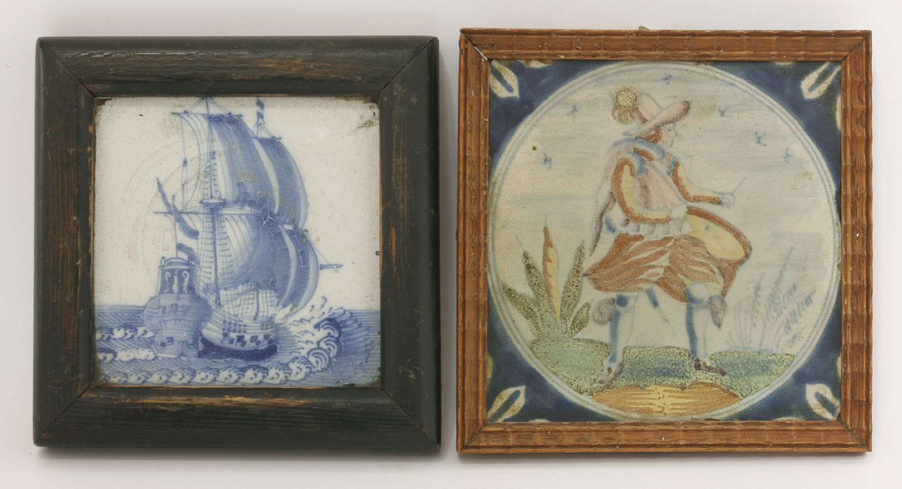 A delft Tile,early 18th century, well painted in blue with a galleon,11cm square, anda maiolica