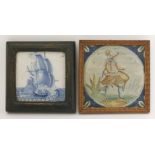 A delft Tile,early 18th century, well painted in blue with a galleon,11cm square, anda maiolica