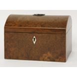 An unusual burr yew wood domed top tea caddy,early 19th century, the interior with a single lidded