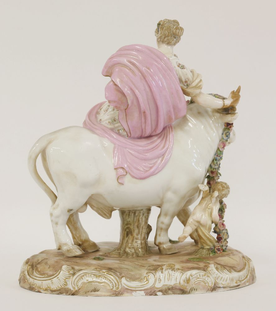 A Meissen group 'Europa and the Bull',the base with underglaze blue crossed swords and incised 'K - Image 2 of 3