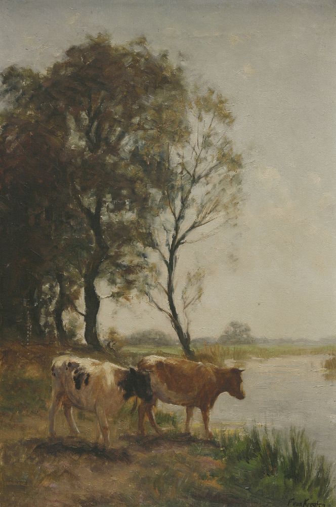 Fedor Van Kregten (Dutch, 1881-1937)CATTLE BY A RIVERSigned l.r., oil on canvas60 x 40cm; and