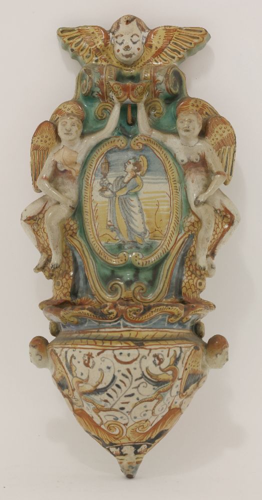 A rare Deruta maiolica Holy Water Stoop,mid-17th century, in the form of a conical cup with