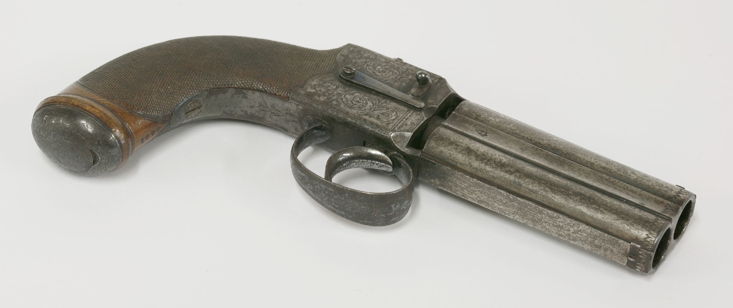 A Reilly's improved turn-over pistol,c.1850, the barrel ends engraved with leaves and with proof - Image 2 of 4
