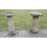 A pair of granite staddle stones,19th century, each with a domed top stone, sitting on a roughly