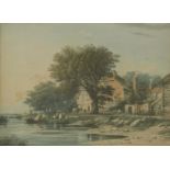 John Varley OWS (1778-1842)A RIVER LANDSCAPE WITH FIGURES BY A FERRY AND HOUSES BEYONDSigned and